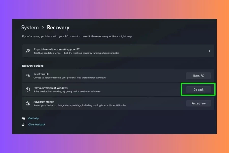 Trong mục Recovery, bạn sẽ thấy tùy chọn Go back