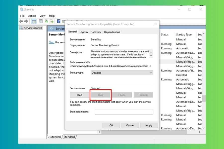 Nhấp chuột phải vào Sensor Monitoring Service và chọn Stop