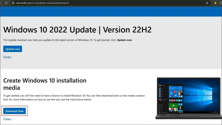 Chọn Create Windows 10 installation media để tạo bộ cài đặt mới, tiếp theo nhấn nút Download now để tải về công cụ cài đặt.