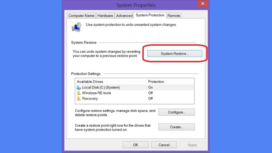 Trong cửa sổ thuộc tính hệ thống, nhấp vào System Restore