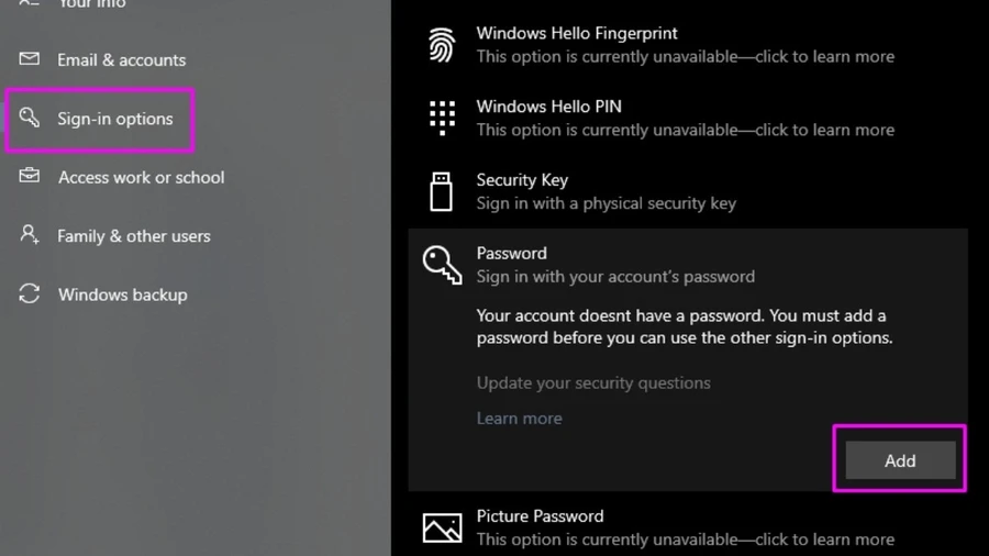Chọn mục Password > Add