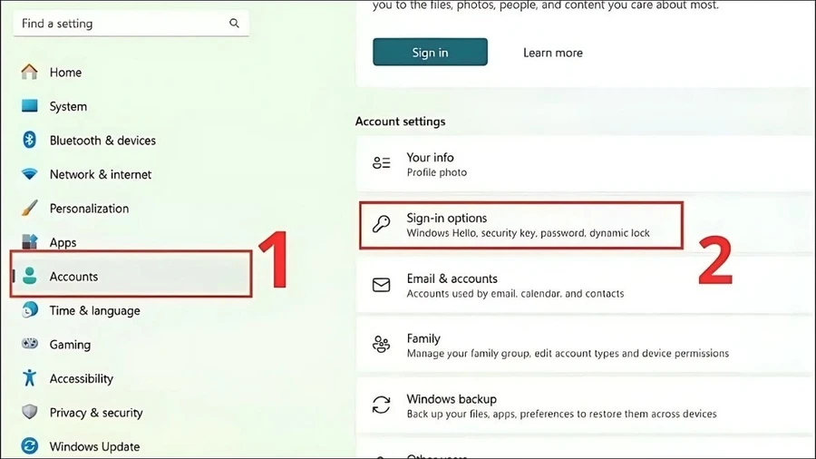 Trong cửa sổ Settings, chọn Accounts > Sign-in options