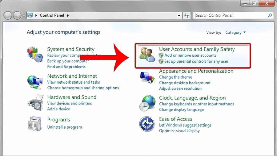 Tìm và chọn User Accounts and Family Safety