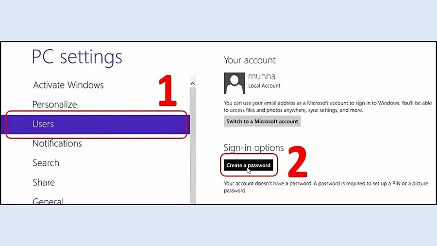Trong mục Sign-in options, chọn Create a password