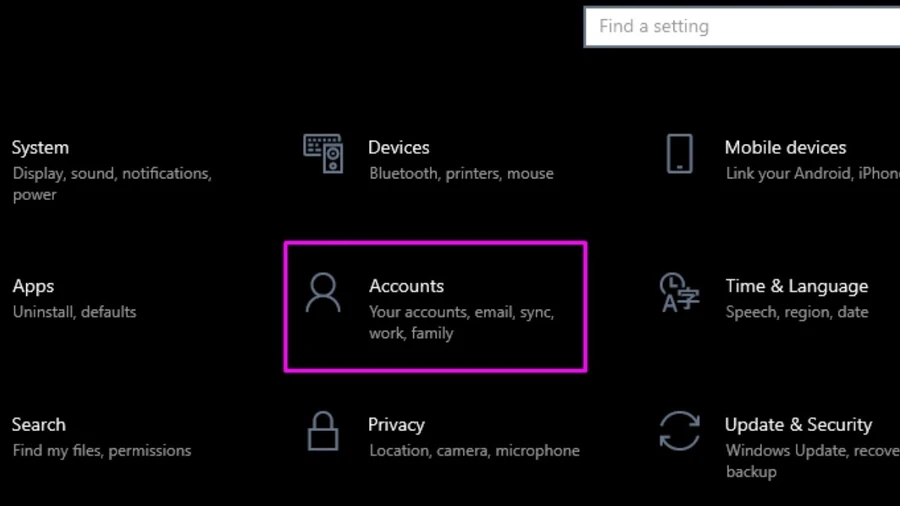 Trong cửa sổ Settings, chọn Accounts