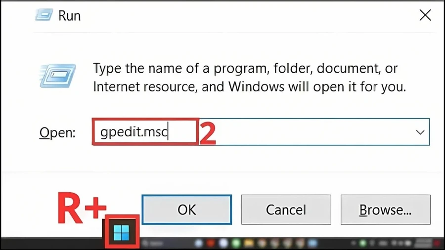 Nhập gpedit.msc vào ô và nhấn Enter