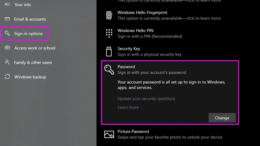 Tại mục Password, chọn Change