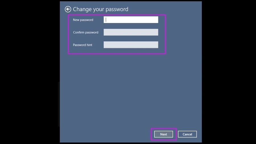 Để trống các ô New password, Confirm password và Password hint
