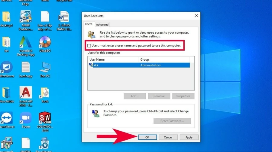 Bỏ chọn ô Users must enter a user name and password to use this computer