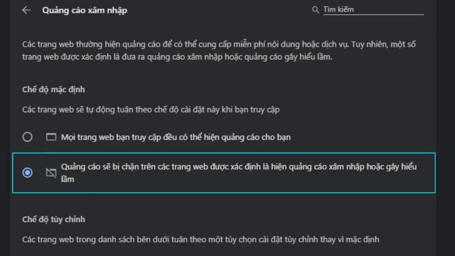 Chuyển trạng thái thành Chặn quảng cáo trên các trang web hiển thị quảng cáo xâm nhập