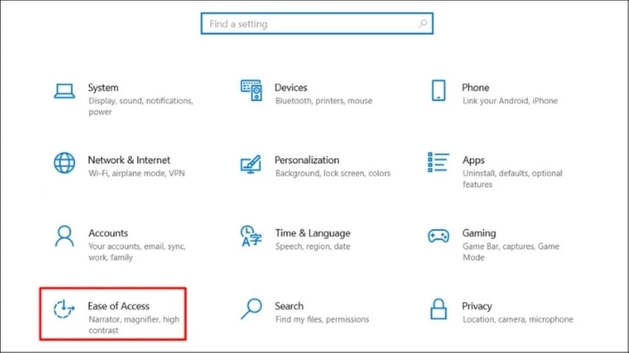 Chọn Ease of Access trong Settings