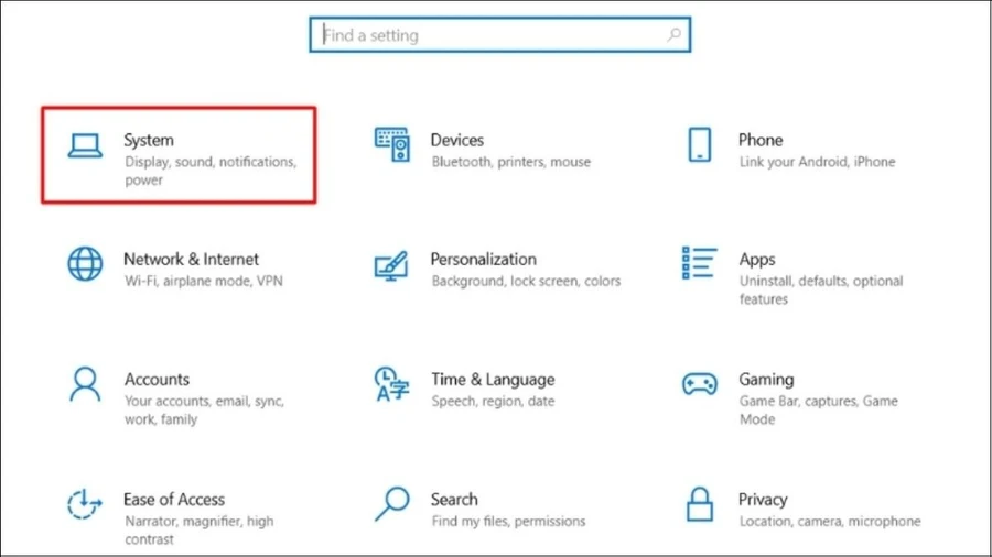 Chọn System trong cửa sổ Settings