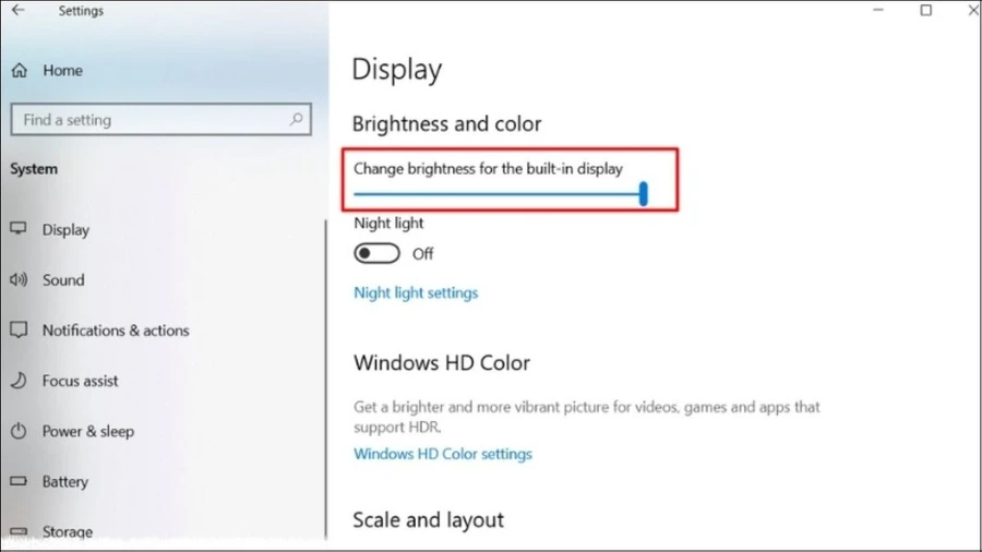 Điều chỉnh thanh ngang dưới Change brightness for the built-in display