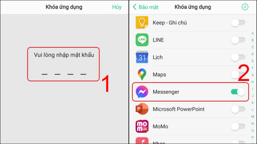 Nhập mật khẩu bảo mật của điện thoại và kích hoạt ứng dụng cần bảo mật