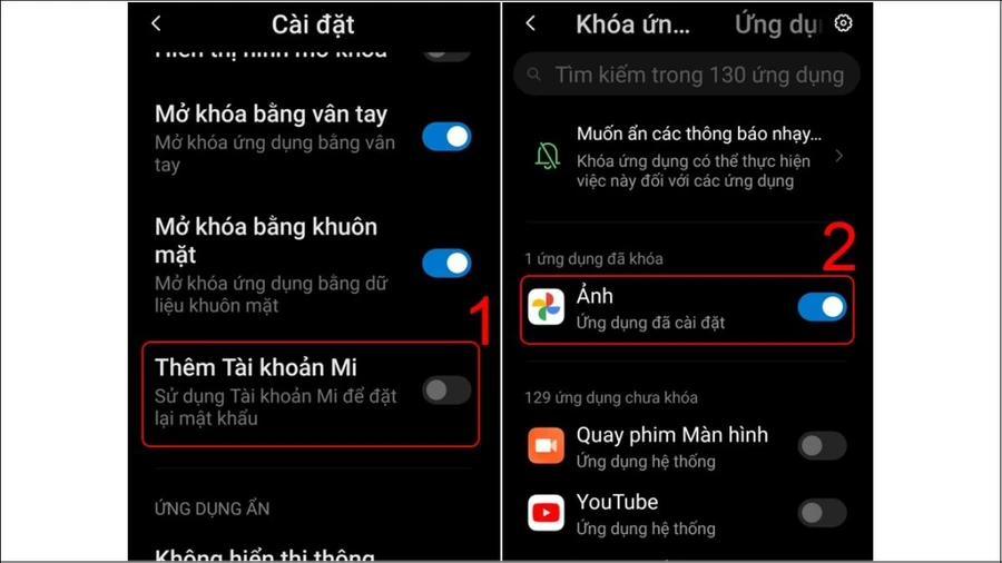 Thêm tài khoản Mi và chọn ứng dụng cần khóa