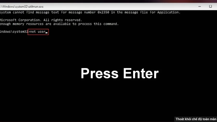 Nhập lệnh net user và nhấn Enter.