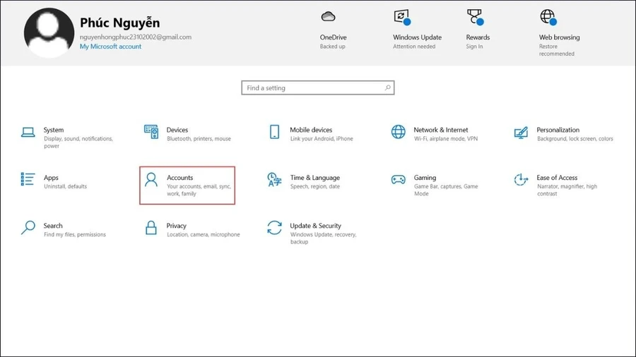 Truy cập vào Settings (Cài đặt) bằng cách nhấn tổ hợp phím Windows + I rồi chọn mục Accounts.