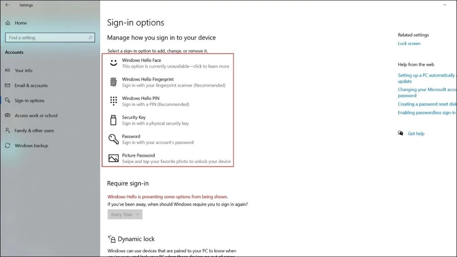 Sau đó, bạn chọn tiếp Sign-in options (Tùy chọn đăng nhập). Tại đây, bạn sẽ thấy các tùy chọn đăng nhập bằng Windows Hello, bao gồm Face (Khuôn mặt), Fingerprint (Vân tay), và PIN.