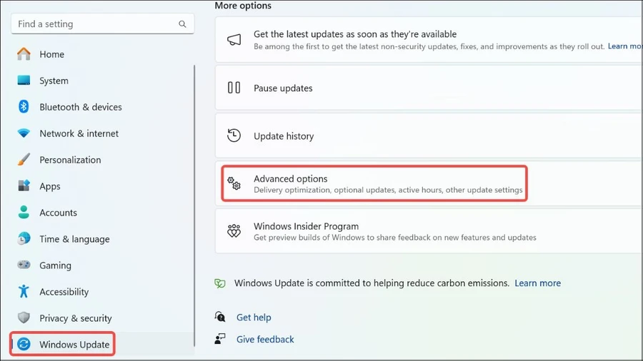 Chọn Windows Update > Advanced options trong Settings