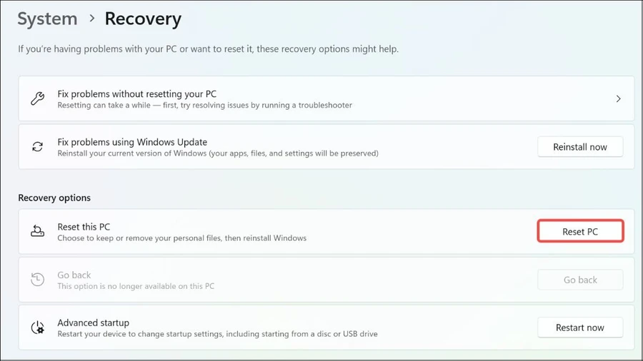 Chọn Reset PC