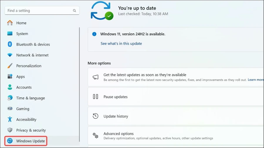 Mở Windows Update trong Settings