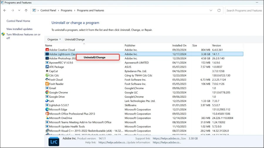 Chọn ứng dụng cần gỡ > Uninstall
