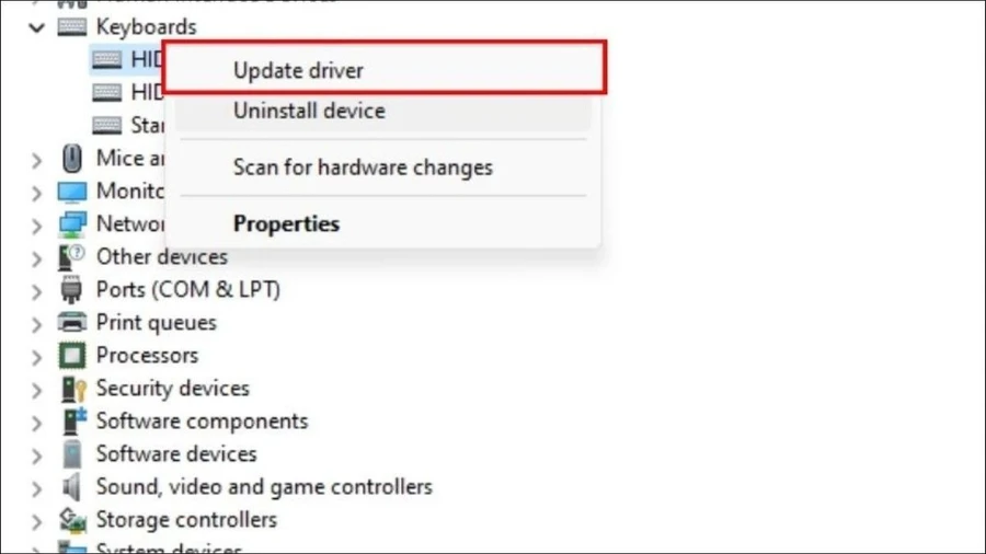 Nhấp chuột phải vào driver bàn phím và chọn Update driver