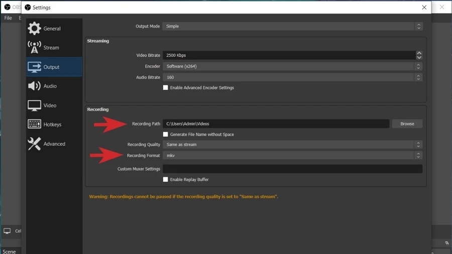 Trong mục Settings > Output, bạn có thể tùy chỉnh chất lượng video,...