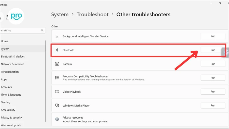 Mở Settings > System >  Troubleshoot > Orther Troubleshoot > Bluetooth > Run
