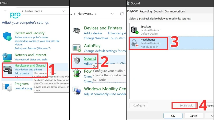 Mở Control Panel > Hardware and Sound > Sound > Playback. Chọn tai nghe Bluetooth của bạn, sau đó nhấp vào Set Default 