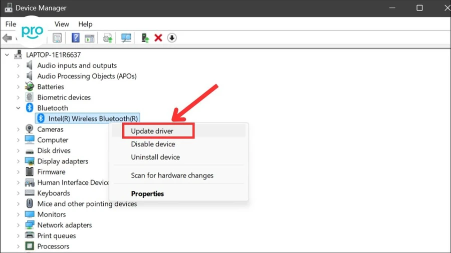 Mở Device Manager > Bluetooth > Click chuột phải vào driver Bluetooth của bạn > Update driver 