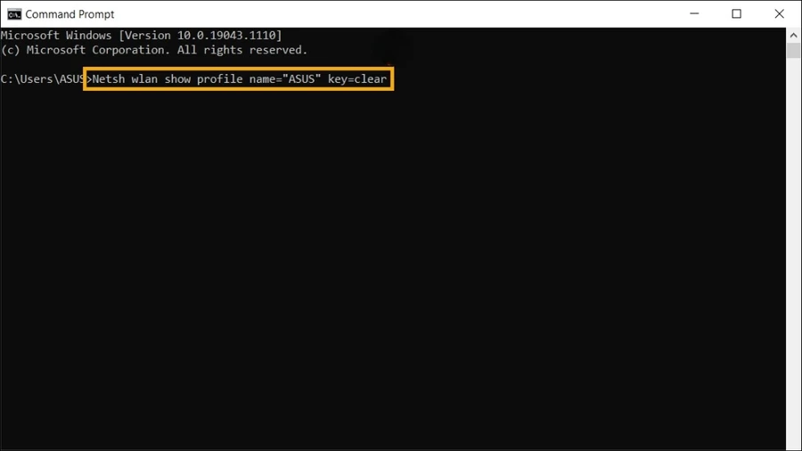 Gõ lệnh netsh wlan show profile name=Tên_Mạng_WiFi key=clear