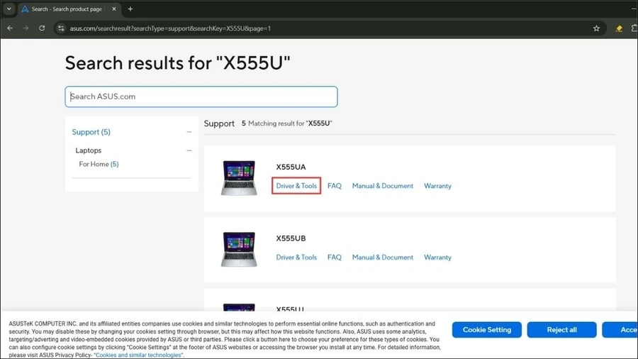 Chọn đúng sản phẩm từ kết quả tìm kiếm, sau đó bạn tìm mục Drivers & Downloads hoặc Support & Drivers. Tại đây, bạn nhập model laptop và hệ điều hành đang sử dụng để tìm driver tương ứng, bao gồm cả driver cho card đồ họa.