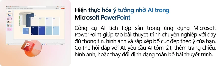 Copilot AI hỗ trợ các ứng dụng Microsoft Word, Excel, PowerPoint, Outlook.
