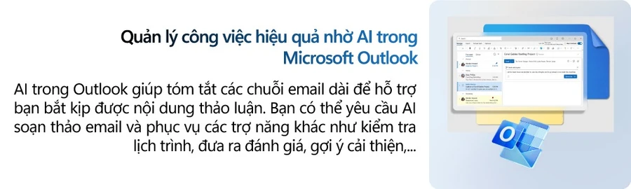 Copilot AI trong Word, Excel, PowerPoint, Outlook giúp tìm kiếm, tổng hợp, tạo và chỉnh sửa nội dung nhanh chóng.