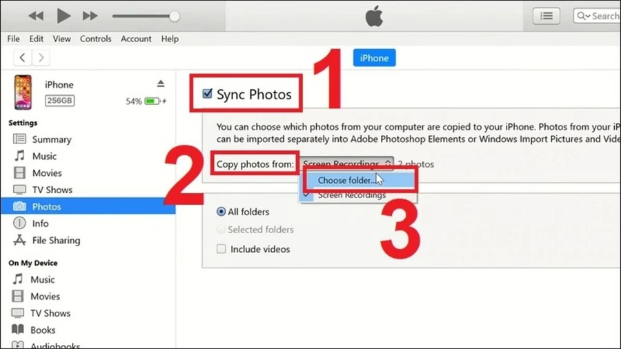 Nếu chế đồng bộ hình ảnh đang tắt, bạn chọn Sync Photos (Đồng bộ hóa ảnh), sau đó chọn thư mục chứa ảnh bạn muốn chuyển từ Copy photos from, sau đó chọn Choose folder.