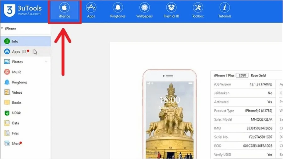 Đầu tiên, bạn mở phần mềm 3uTools, kết nối iPhone với laptop rồi chọn vào hình quả táo khuyết iDevice.