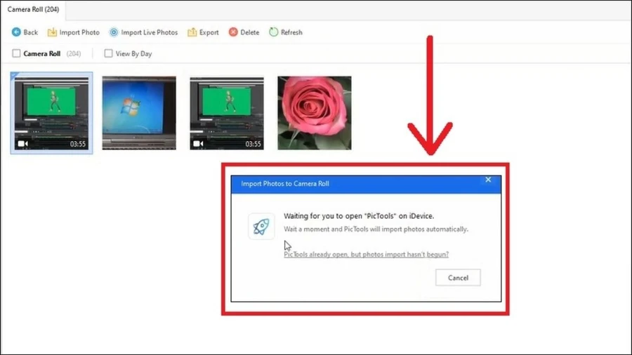 Sau đó, bạn cần chờ cho đến khi thông báo Wating for you to open Pic Tools on iDevice hiện ra.
