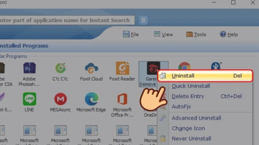 Vào giao diện Your Uninstaller, bấm chuột phải vào biểu tượng Garena và chọn Uninstall