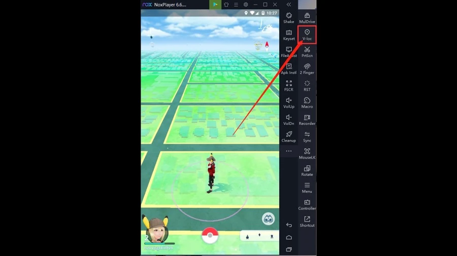 Khởi động Pokemon Go, sau đó nhìn sang thanh công cụ bên phải của NoxPlayer, bạn sẽ thấy biểu tượng Định vị ảo (Virtual Location).