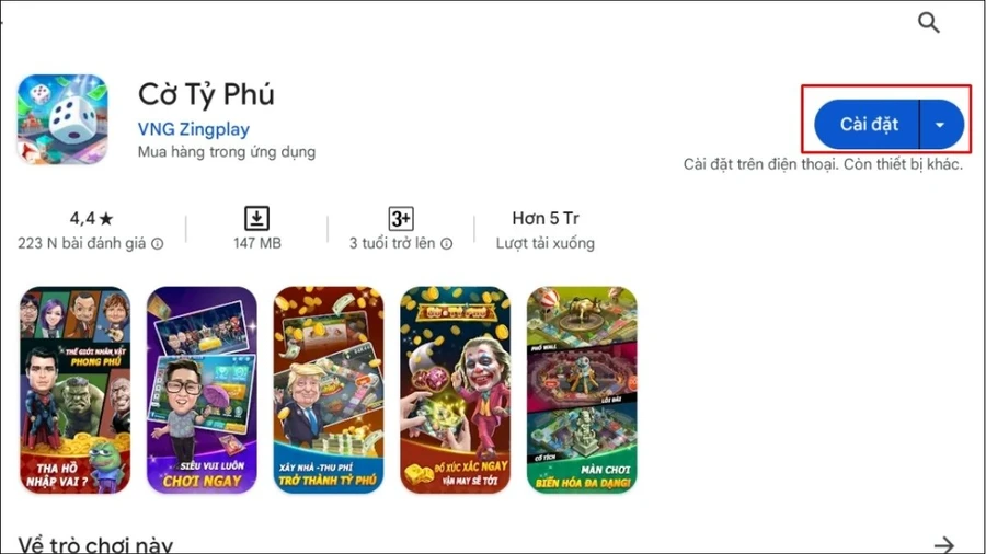 Nhấn Cài đặt để tải game về laptop