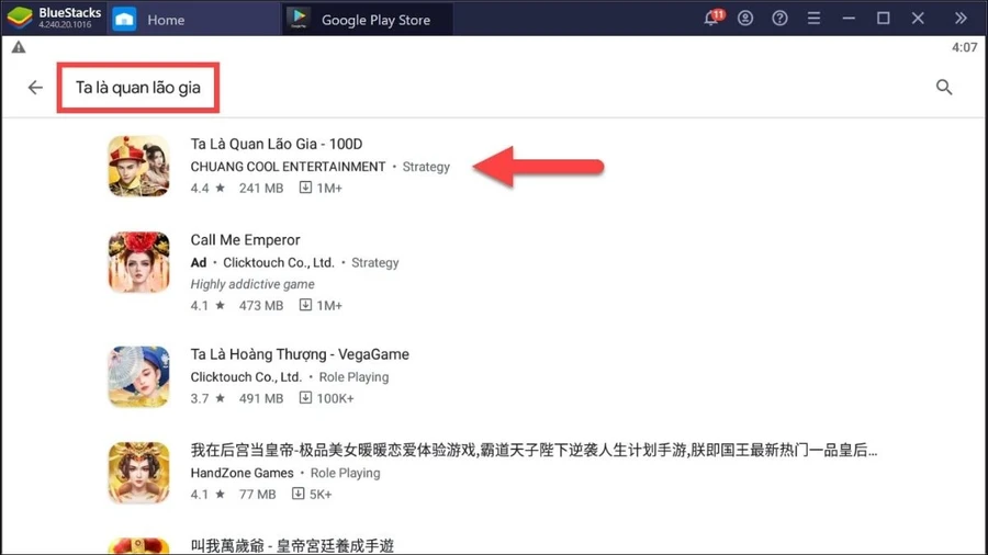 Tại thanh tìm kiếm của Google Play Store, gõ Gọi Ta Là Lão Gia và nhấn Enter.