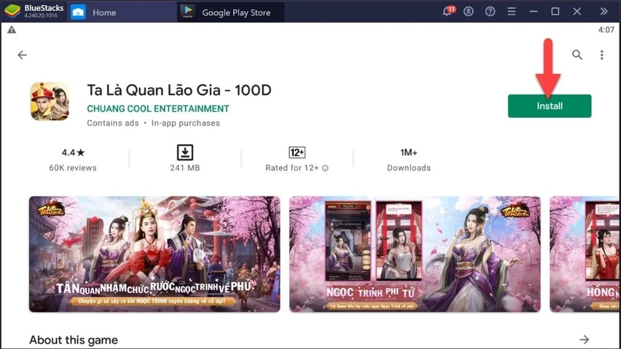  Chọn game Gọi Ta Là Lão Gia từ kết quả tìm kiếm, nhấn nút Cài đặt và chờ đợi quá trình tải và cài đặt game hoàn tất, sau đó nhấn Phát.