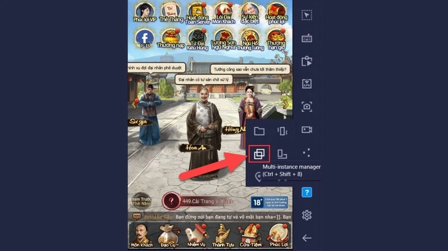 Chơi nhiều tài khoản cùng lúc với Multi-Instance: Tạo nhiều phiên bản Bluestacks, đăng nhập các tài khoản Gọi Ta Là Lão Gia khác nhau để cày cuốc nhanh hơn.