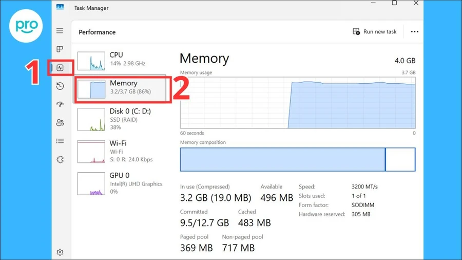 Nhấn Ctrl + Shift + Esc > chọn tab Performance > chọn Memory