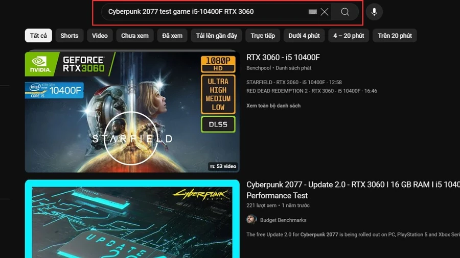 Truy cập Youtube và tìm kiếm với cú pháp: [Tên game] test game [Tên CPU] [Tên GPU].