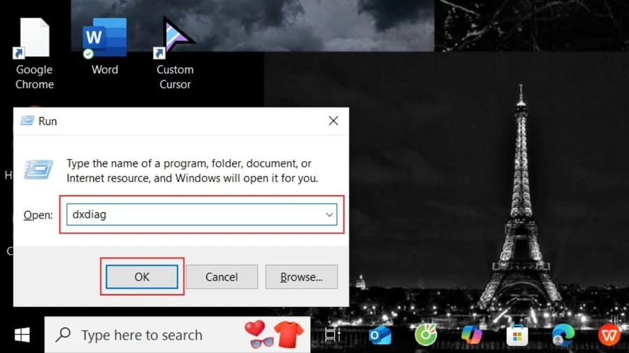 Nhấn tổ hợp phím Windows + R, gõ dxdiag và nhấn OK.