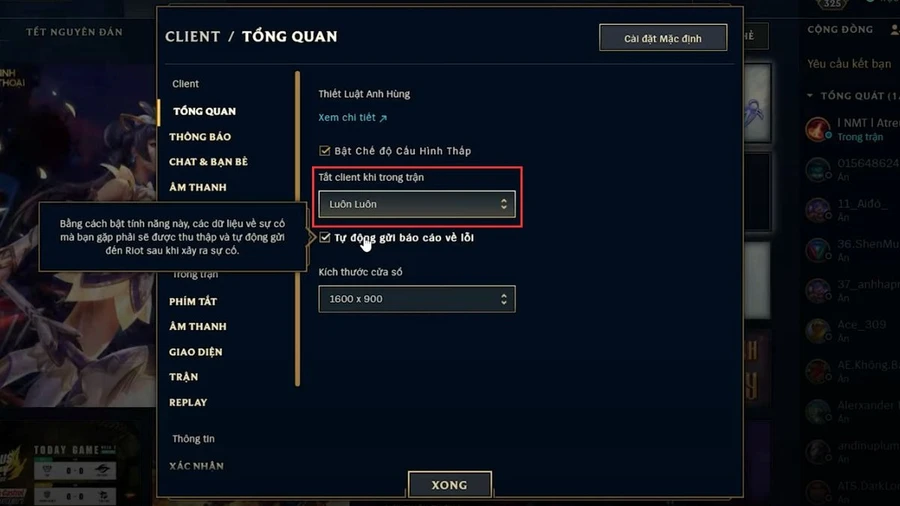 Client game vẫn tiếp tục chạy ngầm ngay cả khi đã vào trận sẽ tiêu tốn một lượng tài nguyên đáng kể. Do đó, việc tắt client sẽ giúp giải phóng RAM và CPU, đặc biệt hữu ích đối với máy có chế độ cấu hình thấp.