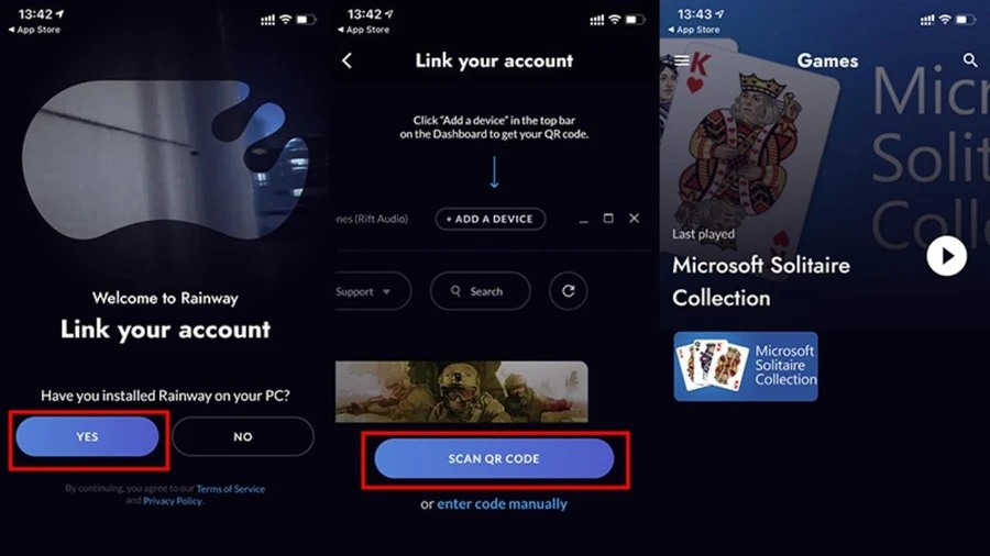 Mở Rainway trên điện thoại → Quét mã QR hiển thị trên PC