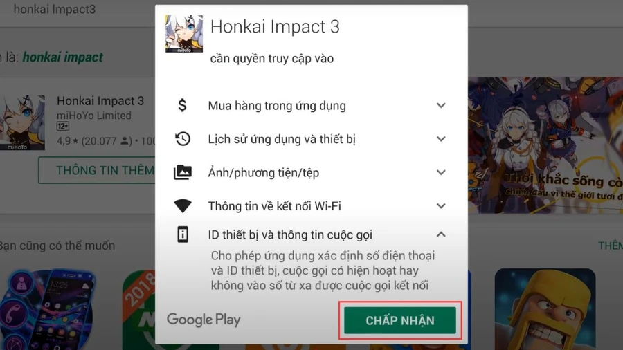 Nhấn vào nút Cài đặt và chờ đợi quá trình tải xuống và bấm Chấp nhận để cài đặt game hoàn tất.